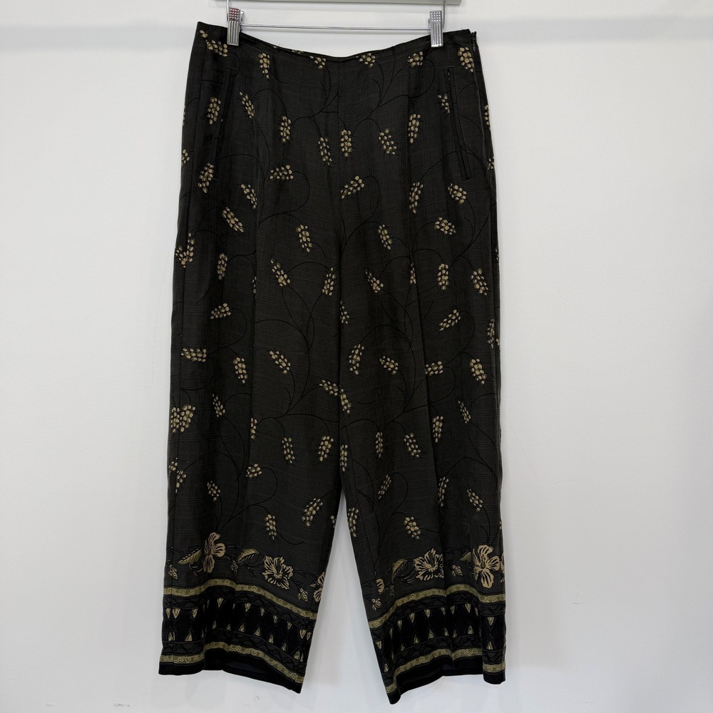 Tommy Bahama Silk Wide Leg Pants Grey Floral Wheat Print Size 12 High Rise